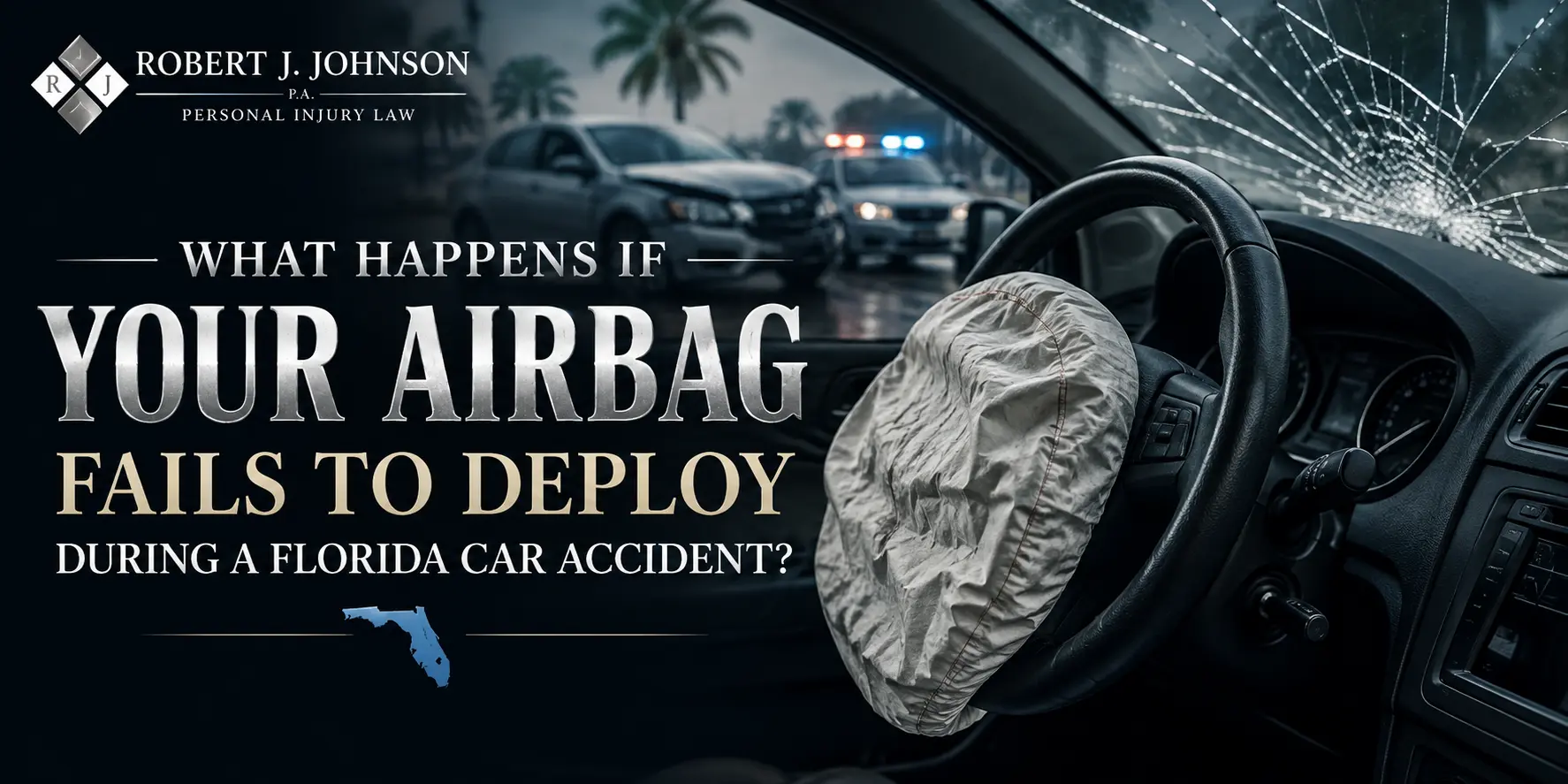 Damaged vehicle interior with a deployed steering wheel airbag, cracked windshield, and emergency vehicles after a Florida car accident.