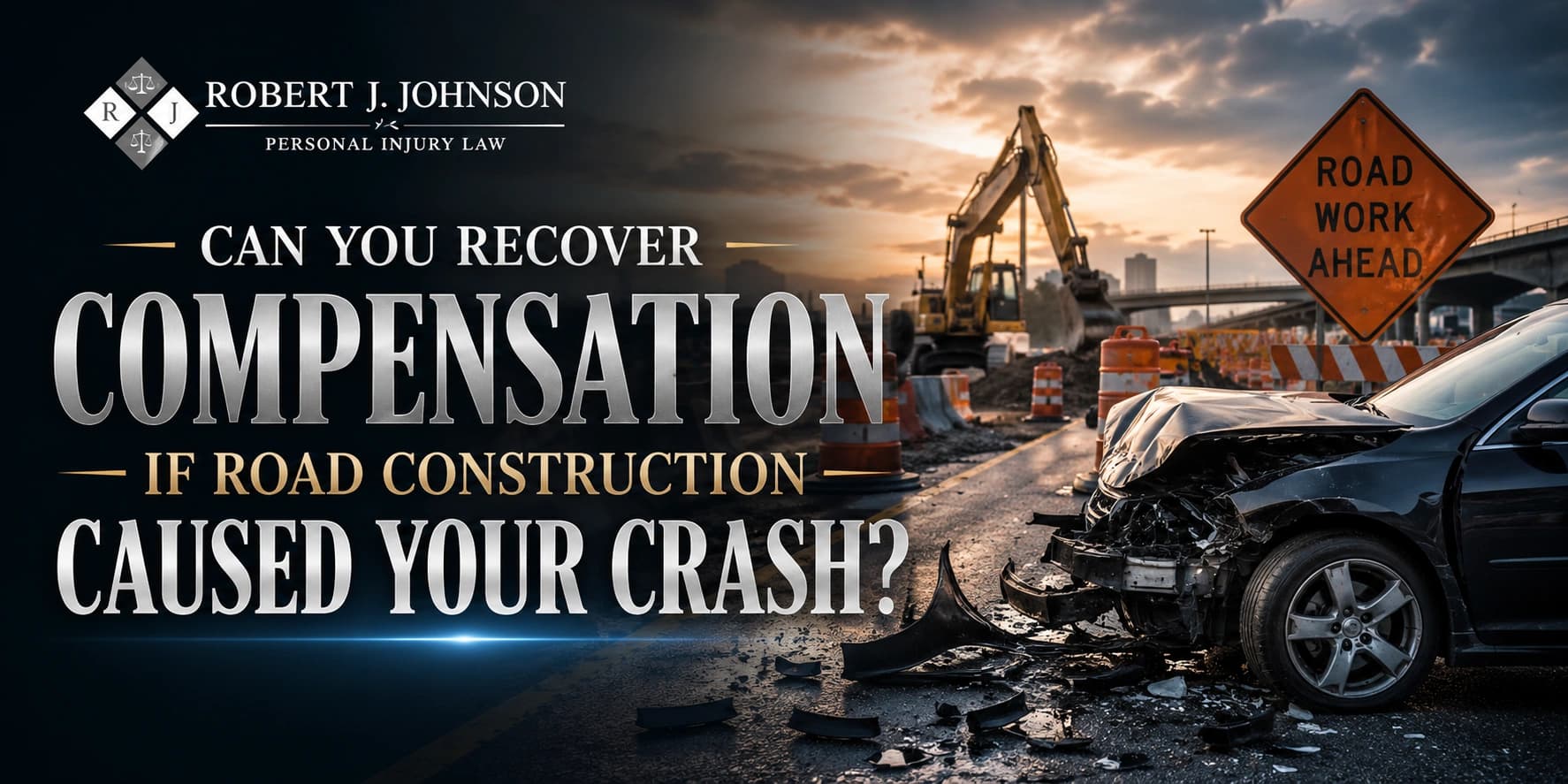 Damaged car in a highway construction zone with warning signs, traffic cones, and heavy excavator machinery.