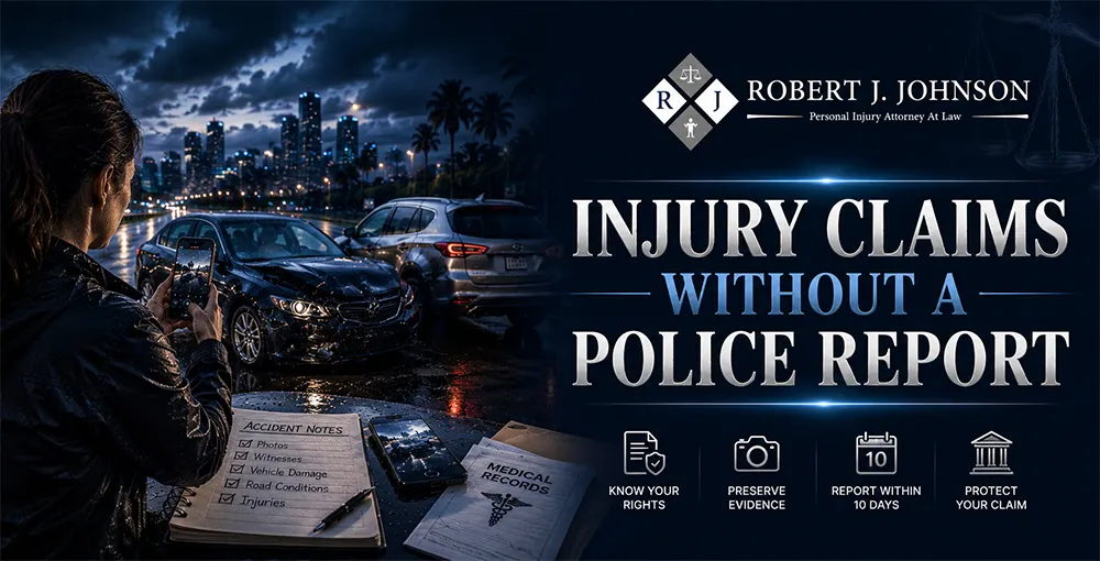 Car accident scene showing evidence collection and legal steps for filing an injury claim without a police report in Florida