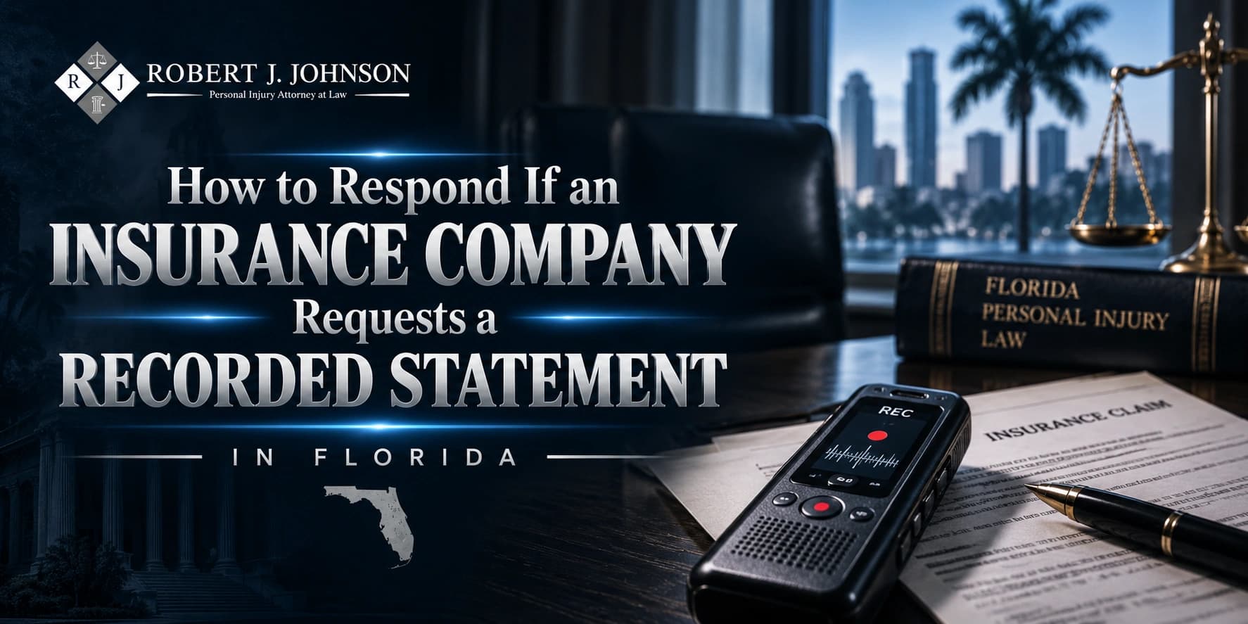 Voice recorder and insurance claim documents on an attorney desk beside Florida personal injury law books.