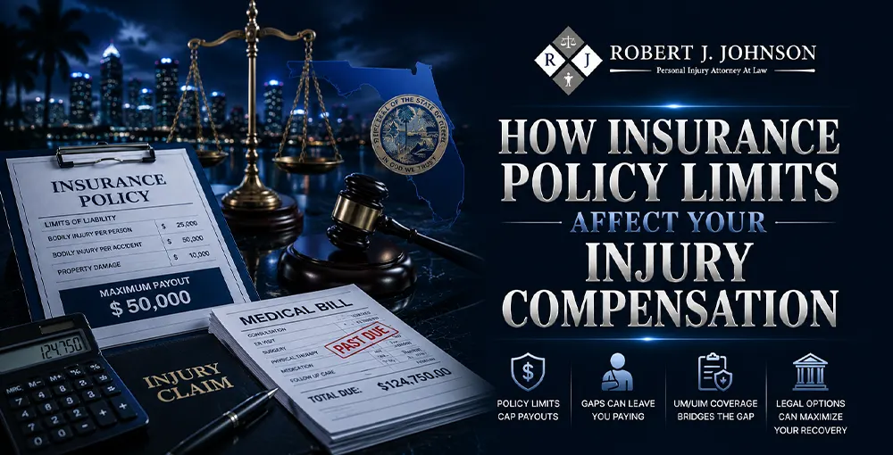 Insurance policy documents, medical bills, and legal symbols illustrating injury compensation limits in Florida