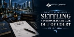Florida personal injury settlement agreement with legal books, judge gavel, calculator, and scales of justice representing an out-of-court settlement.