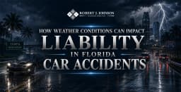 Rainstorm on a Florida highway with vehicles driving in severe weather, illustrating liability issues in weather-related car accidents.
