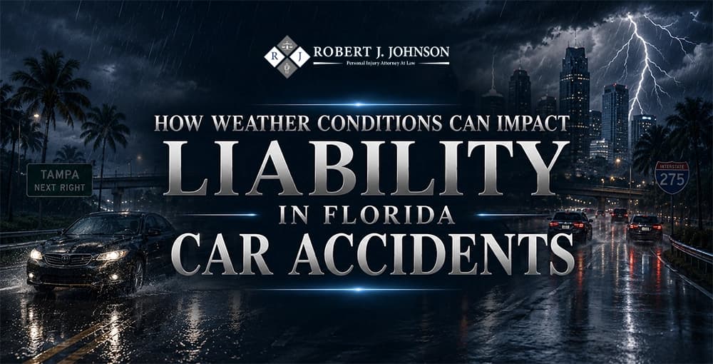 Rainstorm on a Florida highway with vehicles driving in severe weather, illustrating liability issues in weather-related car accidents.