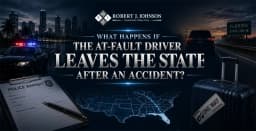 Personal injury law graphic showing a police report, damaged vehicle, Florida state line sign, suitcase, and interstate map illustrating an at-fault driver leaving the state after a car accident.
