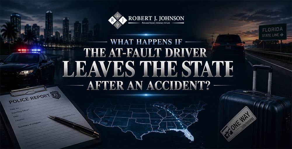 Personal injury law graphic showing a police report, damaged vehicle, Florida state line sign, suitcase, and interstate map illustrating an at-fault driver leaving the state after a car accident.