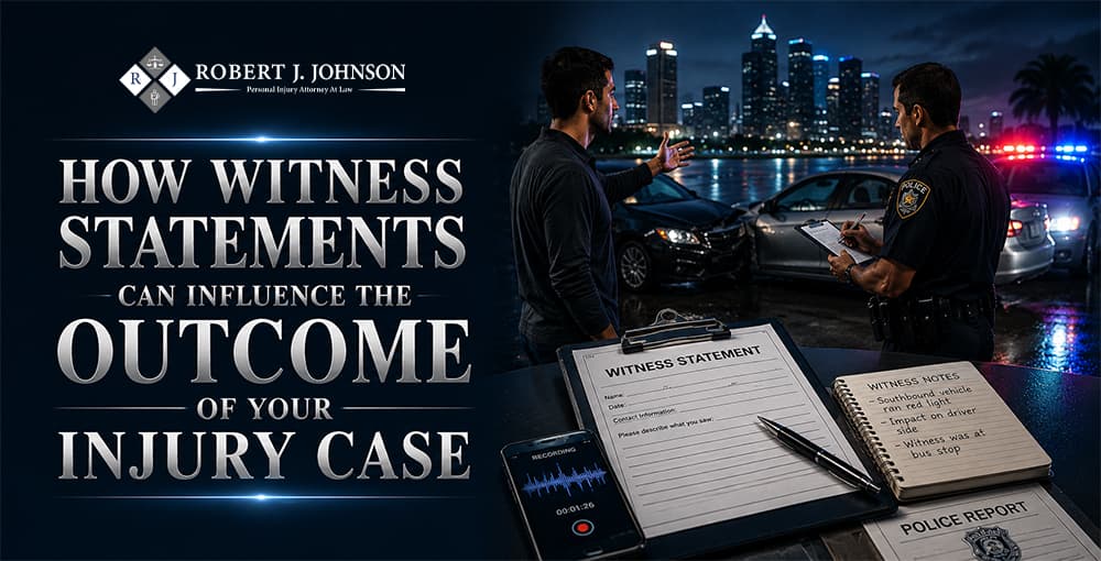 Witness giving a statement to a police officer after a car accident, with witness notes, recorded testimony, and a police report supporting a Florida personal injury case.
